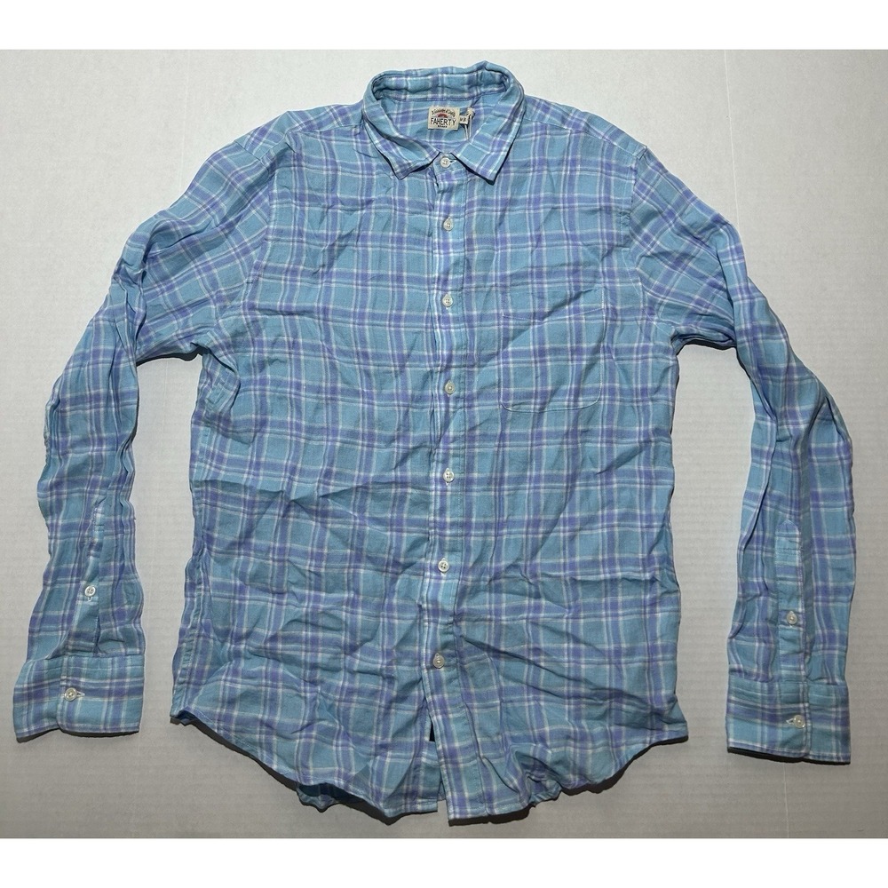 Faherty Mens Medium Linen Ventura Plaid Long Sleeve Shirt Blue Red Button Up